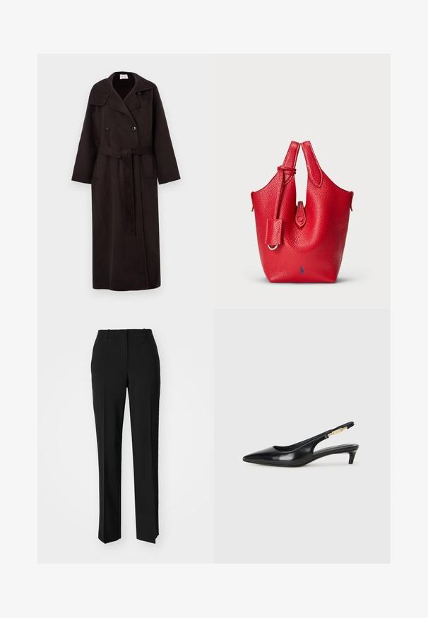 Cappotto lungo di colore marrone scuro, realizzato in lana, con chiusura doppiopetto, ampio colletto, tasche laterali e una cintura coordinata legata in vita.; Maglione nero a collo alto realizzato in tessuto morbido e elasticizzato, con maniche lunghe e vestibilità rilassata. Texture liscia, design minimalista, senza motivi.; Pantaloni neri su misura con un design a gamba dritta, caratterizzati da una texture liscia e pieghe ben definite sul davanti. Senza hardware visibile.; Tacchi slingback in pelle nera con punta affusolata, caratterizzati da un tacco alto e un accento dorato sulla cinghia regolabile. Texture liscia.; Borsa a tracolla rossa in pelle con finitura testurizzata, forma curvata, doppio manico superiore e un piccolo tag distaccabile come accento. Presenta il logo in blu.