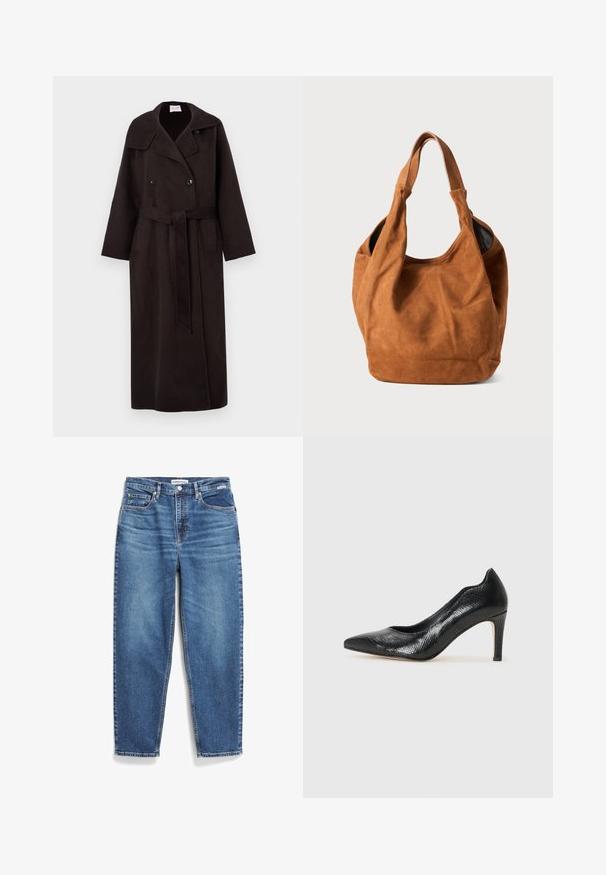 Langer, dunkelbrauner Wollmantel mit doppelter Knopfleiste, großem Kragen, seitlichen Taschen und einem passenden Gürtel, der in der Taille gebunden ist.; Cremfarbener, verkürzter Pullover mit strukturiertem Strickmuster, geripptem Kragen und Saum, mit überschnittenen Schultern und einem Label am Ärmel.; Blaue Denim-Jeans mit geradem Bein, fünf Taschen und dezenten Verwaschungen. Ausgestattet mit einem Knopfverschluss und Kontrastnähten.; Schwarze High Heels mit spitzer Zehe, aus strukturiertem Material mit dezentem Reptilledermuster. Solider Absatz für Unterstützung.; Braune Wildleder-Schultertasche mit weicher Textur, gebogener Form und zwei Griffen. Verfügt über ein minimalistisches Design ohne sichtbare Beschläge oder Akzente.