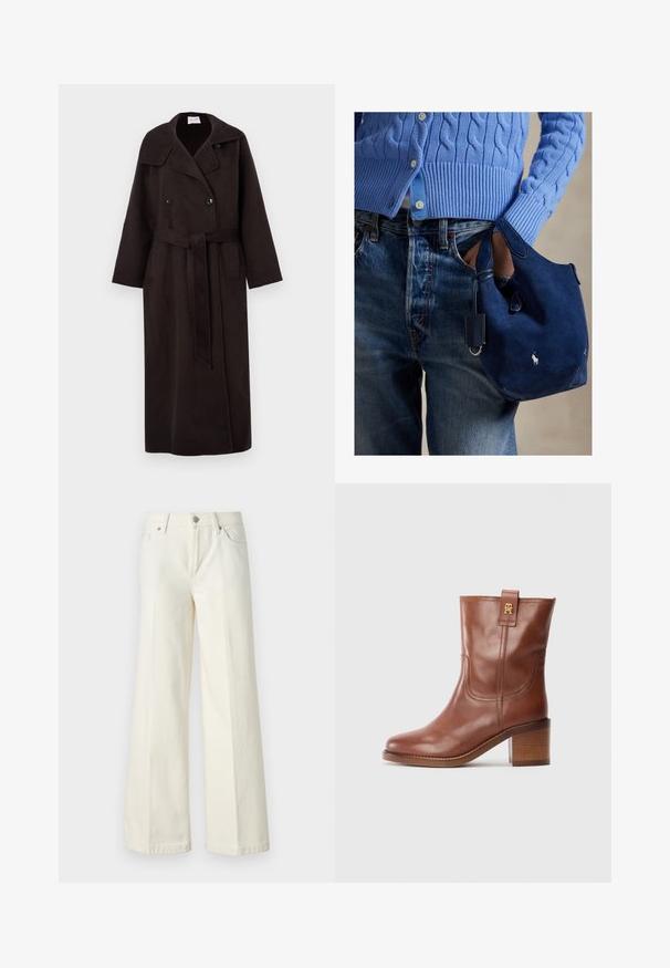 Pikk, tumepruun villane mantel, millel on kahe rinda nuppude soon, suur krae, küljetaskud ja sobiv vöö, mis on seotud vöökoht. ; Valge puuvillane T-särk ümarate kaelaaukude, lühikeste varrukate ja peene kollase logoga, millel on tekst "HILFIGER NEW YORK 1985". Tavaline lõige.; Laiad valged teksad, mis on valmistatud puuvilla segust. Omavad lukuga eesmist sulgemist, viie taskuga disaini ning õmblusi pükste saemetes.; Pruunist nahast keskpika säärega saapad, millel on plokk-kand ja kuldne logo silt küljel, esitatud profiilis valgel taustal.; Tumesinine seemisnahast käekott, pehme tekstuuriga, kahepoolsed sangad ja väike lisatud silt. Ees valge logo ja ümar põhi.