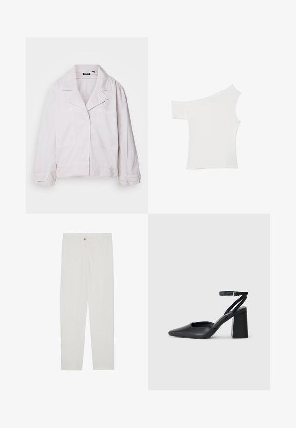 Lyserød jakke lavet af bomuld, med krave, to forlommer og lange ærmer med en let cropped skæring.; Asymmetrisk hvid top lavet af glat stof, med én kort ærme og en off-shoulder design, med et rent, minimalistisk udseende.; Hvide, skrædderlavede bukser med lige ben design, udstyret med knaplukning, bæltesløjfer og sidelommer; glat stoftekstur.; Sort læder spidse pumps med ankelrem og en chunky hæl. Flad tekstur, slankt design og minimalistisk æstetik.
