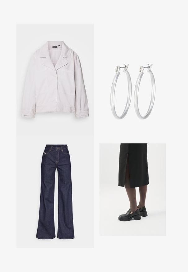 Chaqueta de color rosa claro hecha de algodón, con cuello con solapa, dos bolsillos frontales y mangas largas con un corte ligeramente cropped.; Dos tops de algodón en blanco y negro. Cada uno tiene un escote profundo y tirantes delgados, con una textura suave y lisa.; Vaqueros de pierna ancha de color azul oscuro, fabricados en denim, con cintura alta, costuras naranjas, diseño de cinco bolsillos y cierre de botón.; Zapatos de piel negra con punta redondeada, tacón grueso y bloque, y acentos elásticos en los laterales, combinados con unos pantys oscuros y una falda negra con una abertura.; Pendientes de aro de plata con un acabado liso y pulido. Forma redonda y cierre de click seguro. Diseño ligero adecuado para el uso diario.
