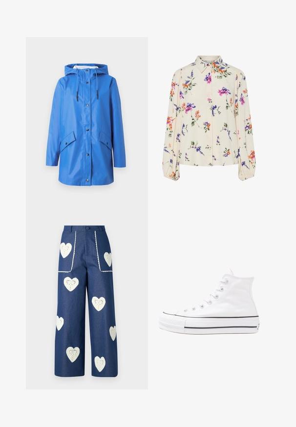 Blå regnfrakke med hætte, lavet af glat vandtæt materiale. Har front trykknapper og to skrå sidelommer. Minimalistisk design.; Blomsterbluse med lange puffærmer, lys cremefarvet base, prydet med lilla, orange og grønne blomster mønstre samt klassisk krave design.; Sister Jane HEART TO HEART - Jeans Straight Leg - blue denim; Hvide høje kanvas sneakers med sort gummisål, gummitåhætte foran og seks øjehuller til snørebånd, der har et rent, minimalistisk design.