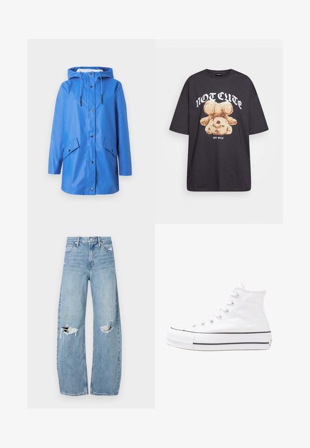 Blå regnfrakk med hette, laget av glatt vanntett materiale. Har frontknapper i snap-stil og to skrå sidelommer. Minimalistisk design.; Svart oversized t-skjorte med en grafikk av en bjørn og teksten "IKKE SØT, MEN VILL" i fet, hvit skrift. Laget av bomull.; Lyseblå høytlivsjeans laget av denim. Har vide bein, to revne knær og klassisk fem-lommers design.; Hvit høy-skinn kanvas sneakers med svart gummisåle, gummitåhette foran og seks hull for snorer, med et rent, minimalistisk design.