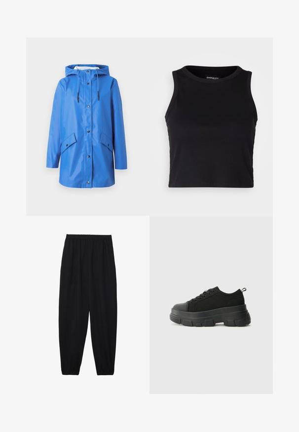 Capa de chuva azul com capuz, feita de material liso e à prova d'água. Possui botões de pressão na frente e dois bolsos laterais em ângulo. Design minimalista.; Top cropped preto canelado com gola redonda e design sem mangas. Feito de um tecido macio e elástico, apresentando bordas limpas e com bainha.; Calças pretas, leves, com um cinto elástico e punhos franzidos. O tecido é suave e apresenta um design relaxado e afunilado.; Sneakers pretos com sola de borracha robusta, parte superior de tecido texturizado, bico redondo e design de atacadores. Apresenta ilhós reforçados e uma alça na parte posterior.