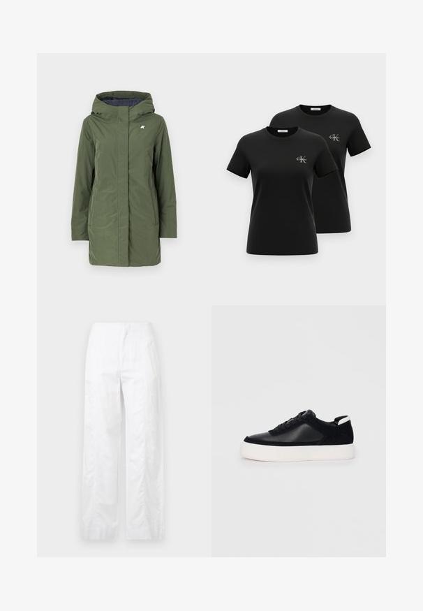 K-Way SOPHIE SOFT TOUCH - Geacă - green/blue; Două tricouri negre cu mânecă scurtă și guler rotund, fiecare având un mic logo gri "CK Calvin Klein" pe partea stângă a pieptului, expuse pe un fundal alb.; Pantaloni albi cu croială largă, fabricați dintr-un material ușor, având o textură netedă, linii curate și un design cu talie înaltă.; Sneaker negru cu piele netedă și panouri din întăritură, șireturi plate, vârf rotund și talpă din cauciuc alb. Logo distinct pe călcâi.