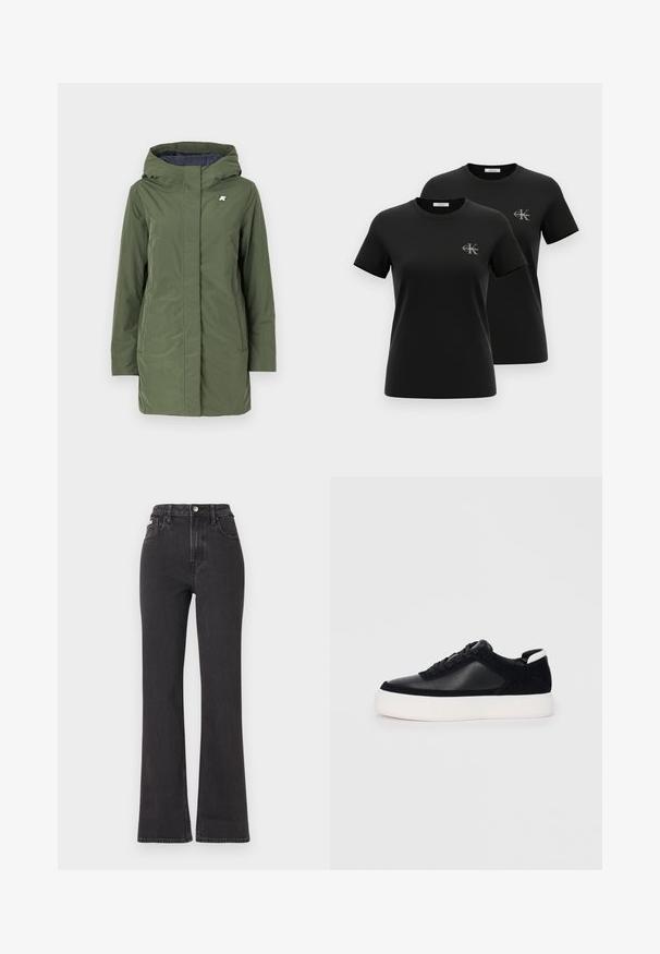 K-Way SOPHIE SOFT TOUCH - Zimski kaput - green/blue; Dve crne kratke majice s okruglim izrezom i malim sivim logotipima "CK Calvin Klein" na lijevoj strani prsa, prikazane na bijeloj pozadini.; Crne traperice s visokim strukom i proširenim dnom, izrađene od denima, s kopčanjem na dugme, petljama za remen i bočnim džepovima. Glatka tekstura s minimalnim izblijedjenjem.; Crne tenisice s glatkom kožom i panelima od antilopa, ravne vezice, zaobljenim vrhom i bijelim gumeni potplat. Izraziti logo na peti.