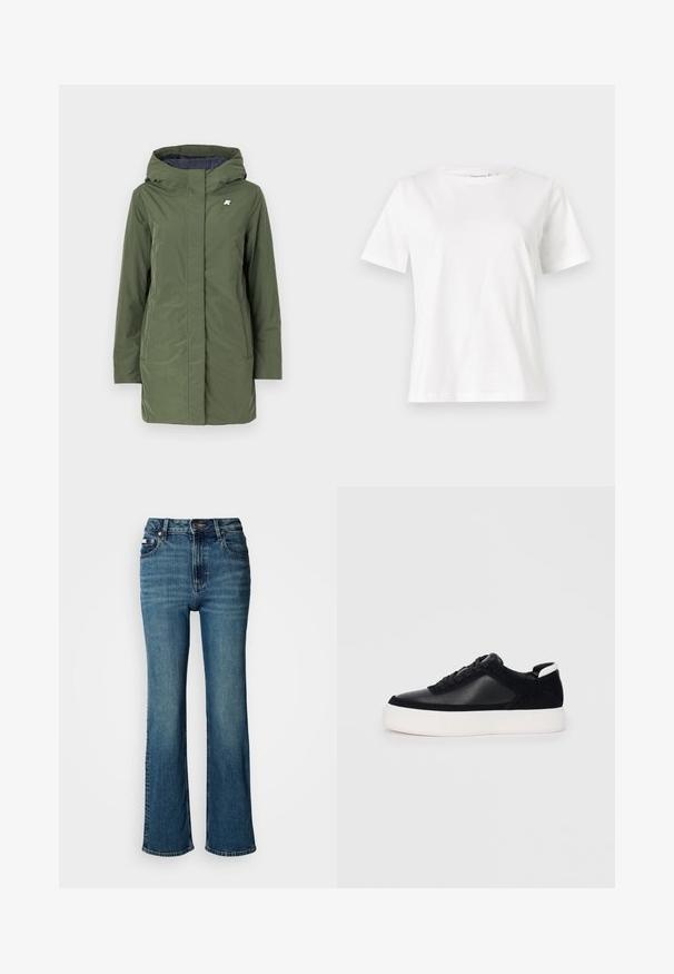 K-Way SOPHIE SOFT TOUCH - Žieminis paltas - green/blue; Balta medvilninė marškinėliai trumpomis rankovėmis, su apvalia iškirpte ir laisvu siluetu. Lygi tekstūra, be raštų ar akcentų, minimalistinis dizainas.; Aukštai juosmeniu mėlyni džinsai iš denimo, turintys tiesaus kirpimo dizainą, švelnų blukimą ir standartinį mygtuko bei užtrauktuko uždarymą.; Juodi sportbačiai su lygiu oda ir zomšinėmis detalėmis, plokščiomis raišteliais, apvaliu walko ir balta guma iš baze. Išskirtinė logotipas ant kulno.