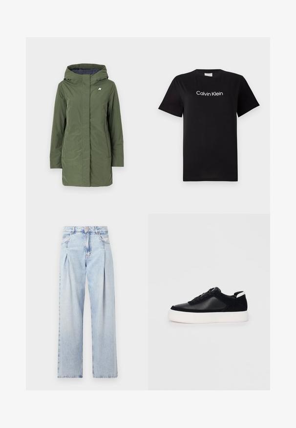 K-Way SOPHIE SOFT TOUCH - Abrigo de invierno - green/blue; Camiseta de algodón negra con mangas cortas, que presenta un logo blanco "Calvin Klein" impreso en el pecho. Diseño clásico de cuello redondo.; Jeans de mezclilla azul claros con cintura alta, corte de pierna ancha, dos bolsillos laterales y un diseño plisado. Textura suave con un acabado deslavado.; Zapatilla negra con paneles de cuero liso y de ante, cordones planos, punta redondeada y una suela de goma blanca. Logotipo distintivo en el talón.