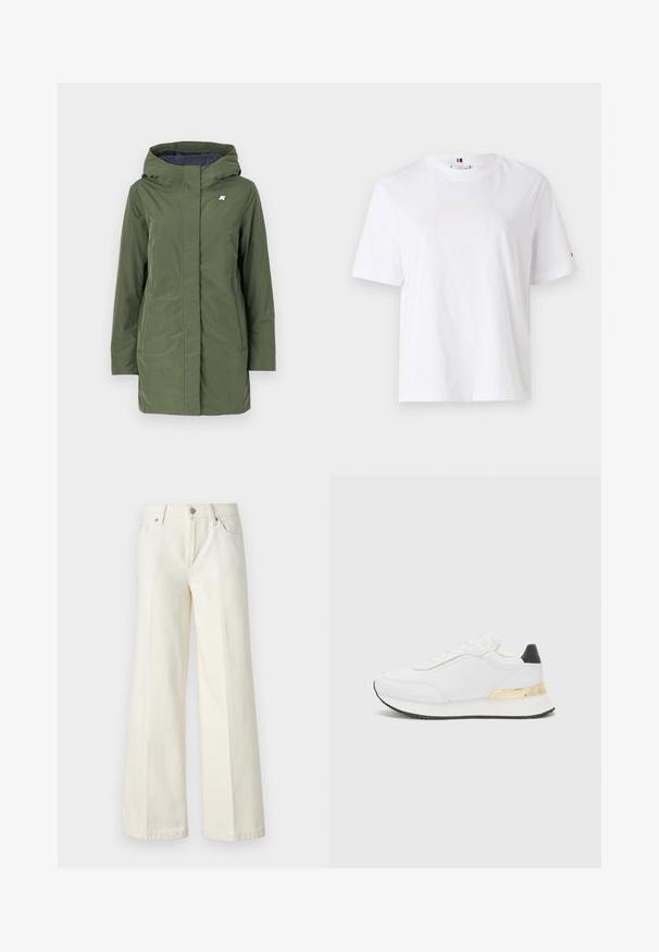 K-Way SOPHIE SOFT TOUCH  - Winter coat - green/blue; White cotton T-shirt with a crew neck, short sleeves, and subtle yellow logo design reading "HILFIGER NEW YORK 1985." Standard fit.; Wide-leg white jeans made from cotton blend fabric. Features a zipper fly, five-pocket design, and stitching along the seams.; White sneaker with a smooth finish, featuring a black heel accent and a gold metallic detail on the midsole. Lace-up design, rubber sole.