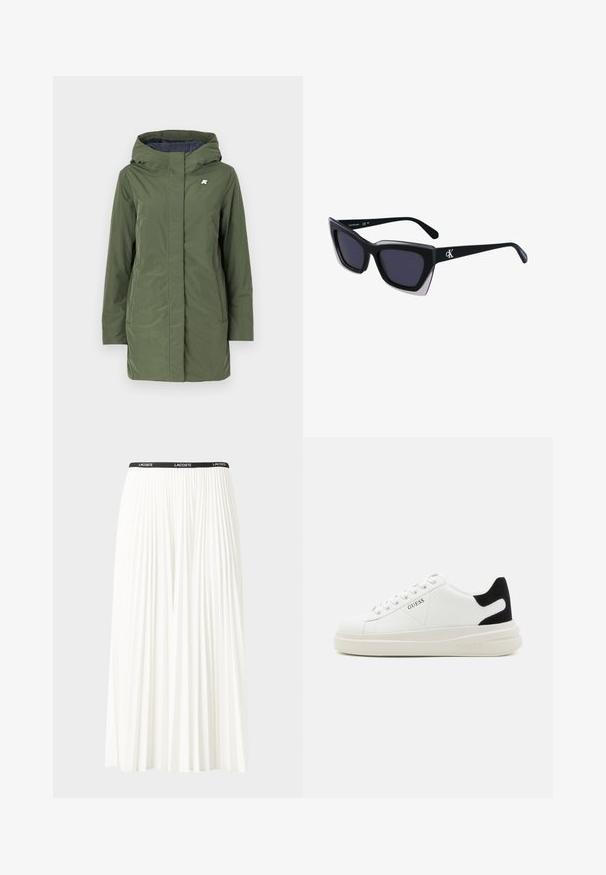 K-Way SOPHIE SOFT TOUCH - Vinterfrakke - green/blue; T-shirt i bomuld med vandrette marineblå striber på en hvid baggrund. "Tommy Hilfiger" broderet i kursiv på brystet. Rund hals.; Plisseret hvid nederdel med en sort elastisk talje, der har "LACOSTE"-logoet. Mellemlang design med blød tekstur.; Hvide lædersneakers med en tyk hvid sål, sort ruskindhælvægt og prægede logoer på siden. Snørebåndsdesign med seks øjer.; Store sorte oversized solbriller med geometrisk form, med mørke linser og en kontrasterende grå detalje på stellet. Logo på armen.