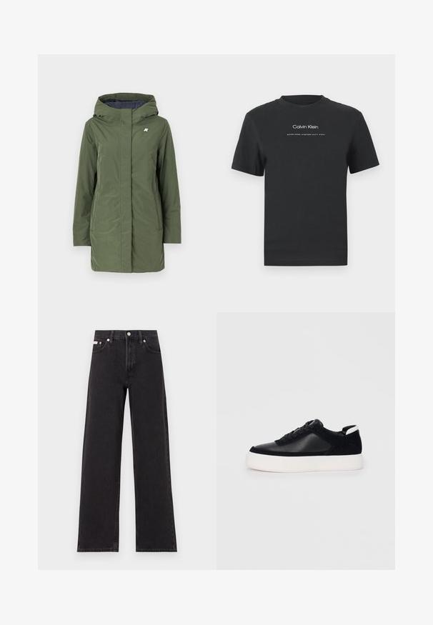 K-Way SOPHIE SOFT TOUCH - Zimní kabát - green/blue; Černé bavlněné tričko s kulatým výstřihem, krátkými rukávy a bílým potiskem loga "Calvin Klein" a textem "Established 1968".; Černé široké jeansy vyrobené z denimu, s vysokým pasem, pěti kapsami a kovovým zapínáním s kontrastním prošíváním.; Černé sneakersy s hladkou kůží a semišovými panely, plochými šňůrkami, zaoblenou špičkou a bílou gumovou podrážkou. Výrazné logo na patě.