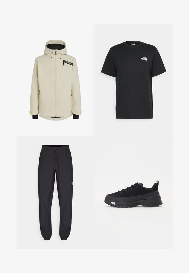 Cream-colored waterproof jacket with a zippered front, adjustable hood, and black accents. Features zip pockets and textured fabric.; Black cotton t-shirt with short sleeves, crew neck, and a small white logo on the left chest. Simple design, smooth texture, and relaxed fit.; Black athletic pants made from lightweight fabric, featuring a drawstring waistband, side pockets, and tapered cuffs at the ankles.; Black outdoor sneaker with a suede upper, textured rubber sole, and sturdy lacing system. Features a reinforced heel and brand logo on the side.