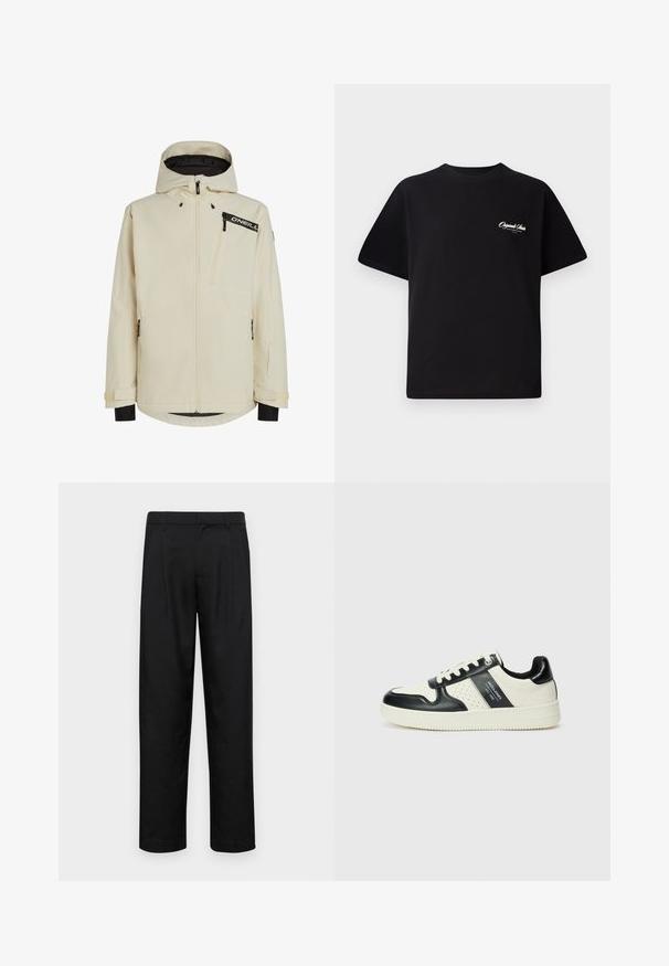Kremno obarvana vodoodporna jakna z zadrgo spredaj, nastavljivo kapuco in črnimi detajli. Ima zadrgo žepov in teksturirano tkanino.; Črna bombažna majica s krožno ovratnikom, kratkimi rokavi in majhnim belim logotipom na levem prsnem delu. Preprost dizajn, klasičen kroj.; Črne hlače iz gladkega materiala, s krojem ravne noge, dvema sprednjima pregiboma in standardnim pasom z zankami za pas.; Usnjeni športni čevlji z črno in krem barvno shemo, ki vključujejo perforirane dodatke, podložen ovratnik in strukturirano podplat.