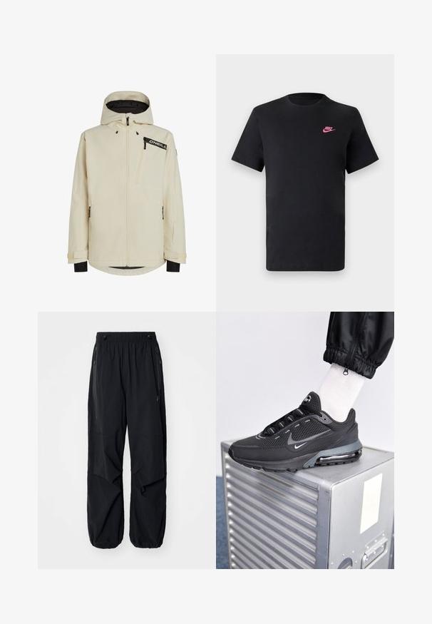 Krémová voděodolná bunda s předním zipem, nastavitelnou kapucí a černými akcenty. Obsahuje zipové kapsy a strukturovanou látku.; Černé bavlněné tričko s kulatým výstřihem a krátkými rukávy. Na horní levé straně se nachází růžové logo Nike. Hladká textura.; Černé lehké cargo kalhoty s elastickým pasem, bočními zipy a prostornými kapsami. Mají volný střih a zúžené manžety.; Nike Sportswear PULSE - Tenisky - black/anthracite