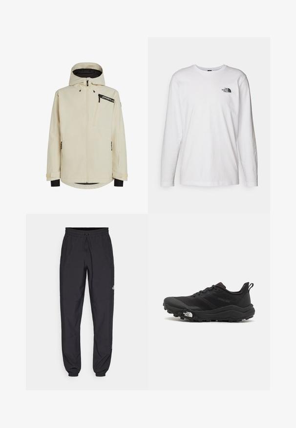 Cream-colored waterproof jacket with a zippered front, adjustable hood, and black accents. Features zip pockets and textured fabric.; White long-sleeve T-shirt made of cotton with a crew neck. Features a small black logo on the chest. Smooth texture, regular fit.; Black athletic pants made from lightweight fabric, featuring a drawstring waistband, side pockets, and tapered cuffs at the ankles.; Black trail running shoe with a textured upper, rubber sole, and reinforced toe cap. Features a padded collar and pull tab for easy wear.