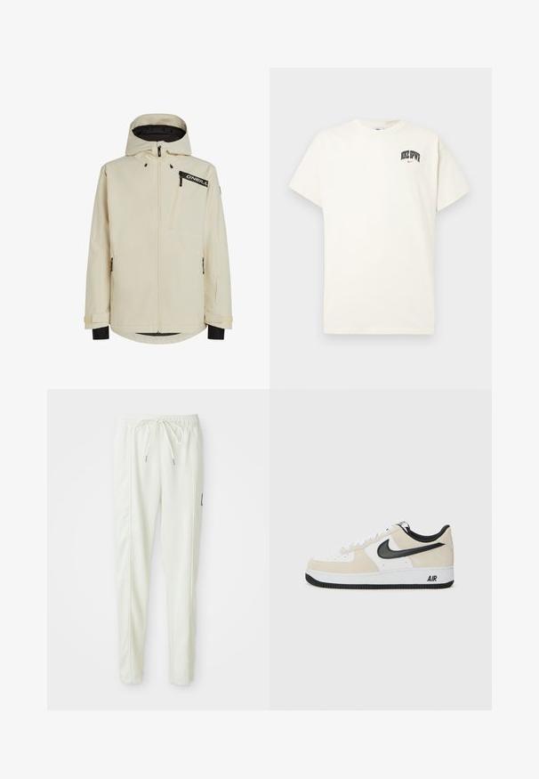 Giacca impermeabile color crema con zip frontale, cappuccio regolabile e dettagli neri. Include tasche con zip e tessuto testurizzato.; T-shirt in cotone color crema con maniche corte, con la scritta "NIKE SB" in nero e rosso sul petto. Collo tondo standard.; Pantaloni jogger slim-fit bianchi con vita elasticizzata e cordino, caratterizzati da dettagli sulle cuciture laterali e un piccolo patch nero sulla gamba destra.; Sneaker con una parte superiore in suede beige chiaro e pelle bianca, logo Nike Swoosh nero, dettagli neri e una suola in gomma bianca con il marchio "AIR".