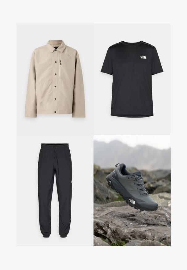 Beige krāsas North Face pogājama jaka ar apkakli un ar rāvējslēdzēju aizveramu krūšu kabatu, kas ir paredzēta āra valkāšanai.; Melnas īsām piedurknēm T-kreklas, izgatavots no viegla auduma. Uz kreisā krūtīm ir neliels balts logo un smalki plecu akcenti.; Melni sporta bikses, kas izgatavotas no viegla auduma, ar savelcamu jostu, sānu kabatām un sašaurinātiem apakšējiem galiem pie potītēm.; Pelēki skrējēju apavi ar teksturētu virsu, izturīgu gumijas zoli un pastiprinātu pirkstu daļu. Iekļauj šņores un zīmola logo sānos.