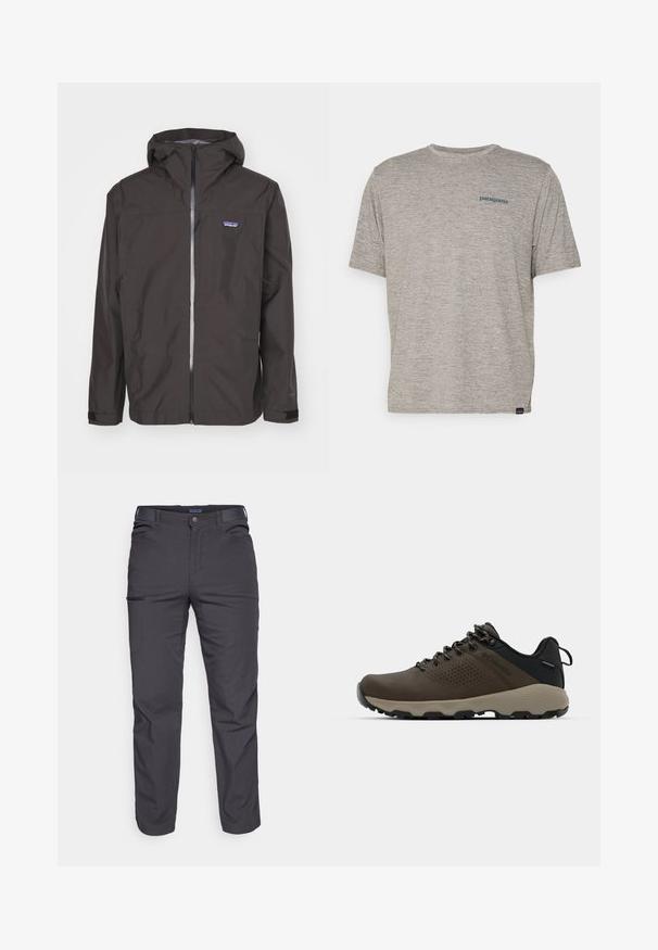 Herre sort vandtæt jakke med hætte, frontlynlås, justerbare manchetter og et logo på brystet. Glat tekstur, letvægtsdesign.; Grå kortærmet t-shirt lavet af blødt, struktureret stof med et lille blåt Patagonia-logo på venstre bryst. Ingen yderligere mønstre.; Mørkegrå bukser lavet af holdbart stof, med en lynlåslomme, lige snit og bæltestropper for justerbar pasform.; Brune vandtætte sneakers med en tekstureret overflade, perforerede akcenter, sort hælunderstøttelse og en grå gummisål. Snørebåndene er udsmykket med metalender.