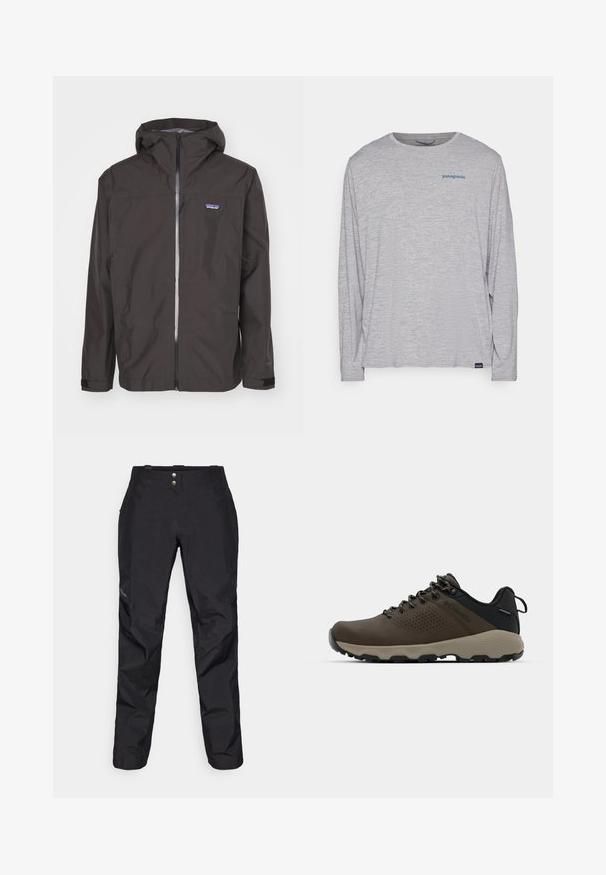 Muška crna vodootporna jakna s kapuljačom, prednjim zatvaračem na rajsferšlus, podešavim manžetama i logotipom na prsima. Glatka tekstura, lagan dizajn.; Svijetlosivi dugi rukav majica od mekanog, teksturiranog materijala. Ima okrugli izrez i mali plavi Patagonia logo na prsima.; Crne vodootporne hlače s glatkom teksturom, s dva prednja dugmeta i dizajnom suženih nogavica. Istaknute logotipom sa strane.; Smeđe vodootporne tenisice s teksturiranom gornjom i perforiranim detaljima, crnom potporom za petu i sivim gumiranim potplatom. Čipke su stilizirane s metalnim krajevima.