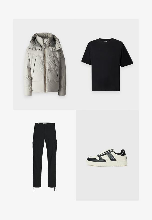 Jasnoszara kurtka puchowa z kapturem, zapięcie na zamek, podwójne kieszenie na piersi oraz strukturalna faktura materiału.; Czarny krótki rękaw T-shirt z okrągłym dekoltem w luźnym kroju, zaprezentowany na białym tle.; Czarne spodnie cargo o prostym kroju, z bocznymi kieszeniami, zapięciem na guzik i elastycznymi sznurkami przy kostkach. Wykonane z trwałego materiału.; Skórzane sneakersy w czarno-kremowym schemacie kolorystycznym, z perforowanymi akcentami, wyściełanym kołnierzem i teksturowaną podeszwą.