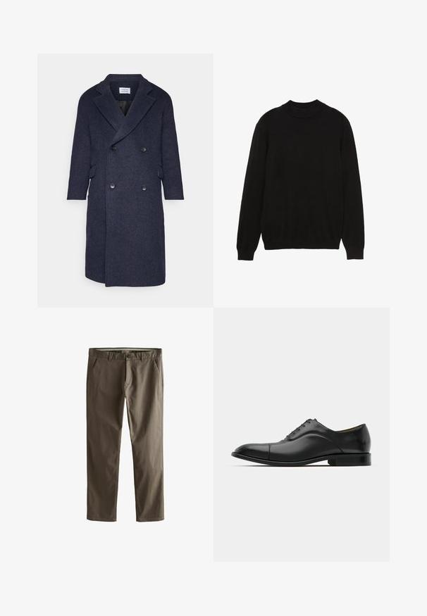 Mornariće plavi vuneni kaput s dvostrukim kopčanjem, uskim reverima i dva prednja džepa. Ima pet crnih dugmadi za zatvaranje i teksturirani finiš.; Crni pleteni džemper s visokim ovratnikom, dugim rukavima te rebrastim manšetama i rubom; glatka tekstura, klasičan kroj i jednobojni dizajn.; Smeđi pamučni chinos s ravnim nogavicama, prednjim džepovima i kopčanjem na dugme. Imaju glatku teksturu i čiste linije.; Crne kožne cipele s glatkom teksturom, zaobljenim vrhom i pet rupa za vezanje. Karakteriziraju ih niski složeni potplat i suptilna šavova.