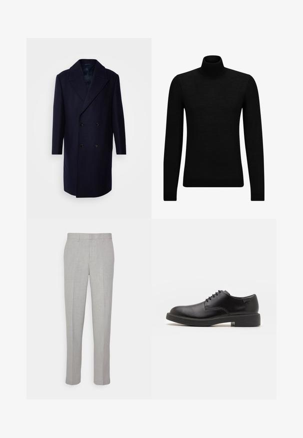 Isaac Dewhirst OVERSIZED COAT - Klassisk kåpe / frakk - navy; Svart genser med høy hals laget av mykt materiale, med lange ermer og en tettsittende passform. Ribbestrikket kant nederst og ved ermene. Enkelt design.; Lys grå bukser med en glat tekstur, flad front og lige ben. Fremstillet af åndbart stof og med indvendige lommer og bæltesløjfer.; Svart lær snøre sko med rund tå, glatt tekstur, minimal søm, og lav gummihæl. Logo på hælen.