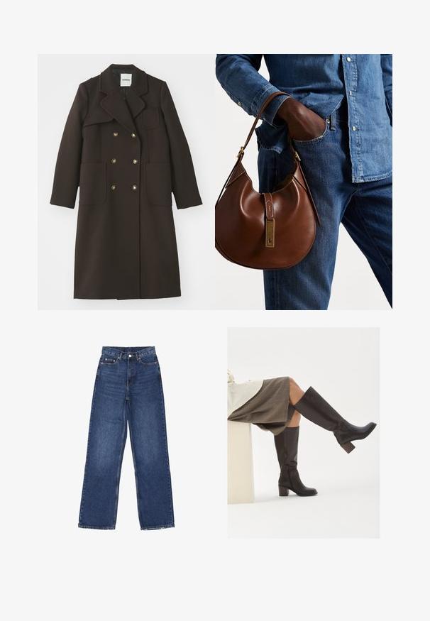 Cappotto marrone doppiopetto con colletto a rever, ampie tasche frontali, bottoni color oro e silhouette sagomata in un tessuto misto lana.; Polo Ralph Lauren CABLE-KNIT WOOL-CASHMERE CARDIGAN - Cardigan - authentic cream; Due top senza maniche a coste, uno marrone e uno nero, esposti su uno sfondo bianco semplice.; Jeans in denim blu a gamba larga con vita alta, dotati di chiusura a bottone, cinque tasche e leggere sfumature sul tessuto.; Stivali marroni in pelle alti fino al ginocchio, con punta quadrata, tacco spesso e zip laterale. Texture liscia con finitura lucida.; Borsa hobo in pelle marrone con una forma arrotondata, dotata di dettagli in hardware dorato e cuciture a contrasto. Abbinata a una camicia di jeans e a un paio di jeans.