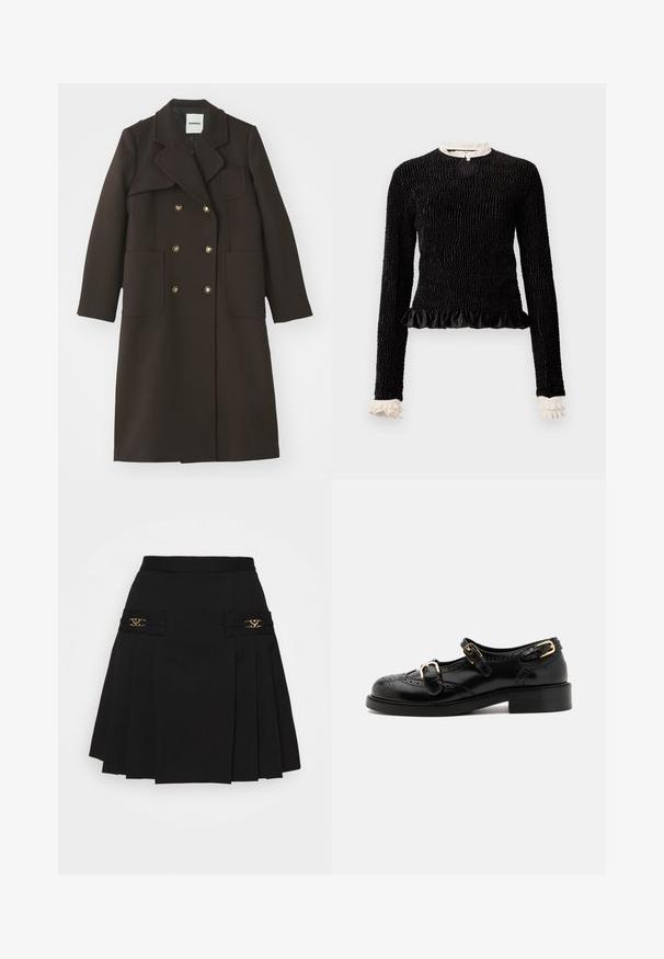 Cappotto marrone doppiopetto con colletto a rever, ampie tasche frontali, bottoni color oro e silhouette sagomata in un tessuto misto lana.; Maglietta nera a maniche lunghe con tessuto testurizzato, orlo arricciato e accenti di ruffles bianchi al colletto e ai polsini. Presenta una chiusura centrale con anello.; Gonna plissettata nera con dettagli in metallo dorato. Presenta tasche laterali con logo, realizzata in materiale liscio. Silhouette a forma di A.; Scarpe in pelle nera con dettagli brogue, dotate di due cinturini con fibbia, punta arrotondata e tacco basso. Texture liscia con finitura lucida.