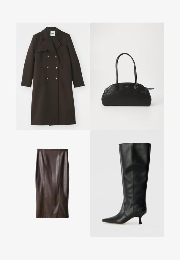 Rjav dvoredni plašč z izrezanim ovratnikom, velikima sprednjima žepoma, gumbi v zlatem tonu in prilagojeno silhueto iz volnenega mešanega materiala.; Temno rjav lahka pletena pulover, okrogla izreza, dolgi rokavi, rebrast rob in manšete, z gladko teksturo in minimalnim dizajnom.; Rjav usnjeni svinčnik mini krilo z gladko teksturo, do kolen, z navpičnimi šivi za oblikovanje. Brez dodatnih kovinskih delov ali okrasov.; Črne usnjene škornje do kolen s koničastim nosom, elegantnim dizajnom in zoženim 3-palčnim peto. Imajo zlat poudarek na zadnji strani.; Črna usnjena torbica s zaobljeno obliko, dvema dolgima ročajema, zlatim okovjem in pritrjenim majhnim etiketom. Zadrga na vrhu.