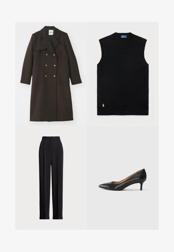 Smeđi dvostruko kopčani kaput s oštrim okovratnikom, velikim prednjim džepovima, zlatnim gumbima i krojem koji naglašava siluetu, izrađen od mješavine vune.; Crna bezrukavna pamučna dukserica s okruglim izrezom. Sadrži mali bijeli logo u donjem lijevom kutu i rebrasti rub.; Crne krojene hlače s visokim strukom, s naborima sprijeda, ravnim krojem i običnim rubom. Izrađene od glatkog materijala.; Crne kožne cipele s uskim vrhom, niskom petom i glatkom teksturom. Imaju blago otvaranje sprijeda i minimalne metalne detalje straga.
