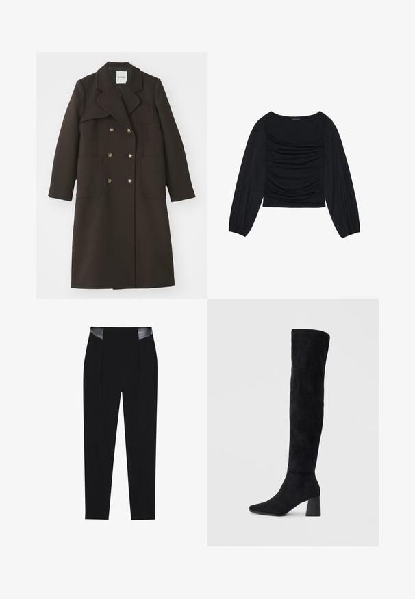 Palton maro cu două rânduri de nasturi, guler cu tăietură, buzunare mari în față, nasturi de culoare aurie și o siluetă ajustată, confecționat dintr-un amestec de lână.; Top lung cu maneci lungi, de culoare neagră, având detalii din material plisat în față și la încheieturi, realizat dintr-un material moale și elastic, cu decolteu tip barcă.; Pantaloni negri made-to-measure cu un design elegant, pliuri în față și accente lucioase din piele neagră la talie. Textură de stofă netedă.; Cizme negre din suede, cu toc bloc, vârf ascuțit și un design neted, fără cusături, pe un fundal deschis.