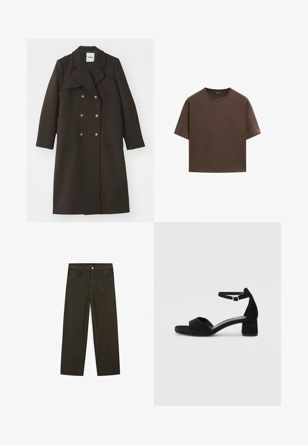 Hnědý dvouřadý kabát s klopovým límcem, velkými předními kapsami, zlatými knoflíky a přizpůsobenou siluetou z vlněné směsi.; Hnědé bavlněné tričko, krátké rukávy, kulatý výstřih, volný střih, hladká textura, minimalistický design, žádné viditelné vzory ani akcenty.; Tmavě zelené široké džínsy vyrobené z bavlněné směsi, s předním zapínáním na knoflík, pěti kapsami a klasickým denimovým stehem.; Černé sametové sandály na podpatku s tenkým řemínkem kolem kotníku, otevřenou špičkou a skromným blokovým podpatkem. Hladká textura a minimální akcenty.
