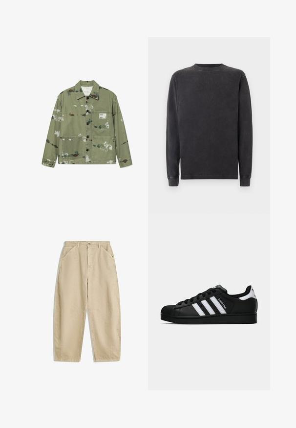 Platnena jakna v umirjeni zeleni barvi z večbarvnimi madeži barve. Ima sprednje zapiranje na gumb, dva žepa in nalepko na prsih.; Pulover z dolgimi rokavi in okroglim ovratnikom v temno sivi barvi, izdelan iz mehke mešanice bombaža. Ima rebraste manšete in ovratnik ter gladko, nekoliko teksturirano površino.; Beige širokolatne bombažne hlače z visokim pasom, ki vključujejo sprednje žepke in sprednje zapiranje na gumb. Gladka tekstura z urejenimi šivi.; Črne superge Adidas Superstar z belimi črtami, zaščitnim pokrovom na prstih in napisom "Superstar" na strani, prikazane v bočnem profilu na beli podlagi.