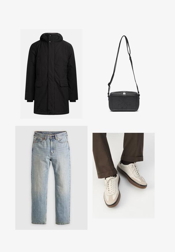 Sort lang vinterparka med hætte, frontlynlås og knaplukning, to brystlommer og to klaplommer ved livet.; Beige langærmet sweater med rund halsudskæring, lavet af blødt, tekstureret stof. Har ribbede manchetter og søm samt en lille logodetalje.; Lysblå denim jeans med høj talje, frontknap, lynlås og fem-lomme design, lagt fladt på en neutral baggrund.; Beige sneakers med en struktureret ruskind front, glatte lædersider og en brun gummisål. Snørebånd og let stikning er inkluderet.; Sort læder crossover taske med lynlåslukning, præget logo på fronten og justerbar rem. Glat tekstur med rektangulær form.