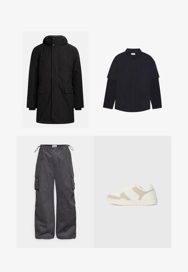Czarny, długi zimowy parka z kapturem, z przodu na zamek błyskawiczny i zapięciem na guziki, z dwiema kieszeniami na piersi oraz dwiema kieszeniami z klapami na wysokości talii.; Ciemnoniebieska koszula z kołnierzykiem typu spread, krótkimi rękawami z przedłużonym podszewką i pięcioma guzikami z przodu. Miękka tkanina o subtelnej teksturze.; Szare spodnie cargo z teksturowanej tkaniny, elastycznym pasem, sznurkiem do regulacji i detalami kieszeni po bokach. Luźny fason z szerokimi nogawkami.; Białe i beżowe sneakersy z połączeniem gładkich i zamszowych faktur, okrągłym noskiem, sznurowanym zapięciem oraz płaską gumową podeszwą.