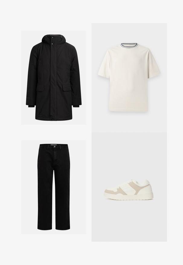 Schwarze lange Winterparka mit Kapuze, Frontreißverschluss und Knopfverschluss, zwei Brusttaschen und zwei Klapptaschen auf Hüfthöhe.; Cremefarbendes Baumwoll-T-Shirt mit kurzen Ärmeln, das über einen runden Halsauschnitt mit navy- und weißen Streifen verfügt. Glatte Textur, lässige Passform.; Schwarze Jeanshose mit geradem Schnitt, klassischem Fünf-Taschen-Design und einem Knopfverschluss an der Taille. Glatte Textur und strapazierfähiger Stoff.; Weiße und beige Sneaker mit einer Kombination aus glatten und Wildleder-Oberflächen, runder Zehenpartie, Schnürverschluss und flacher Gummisohle.