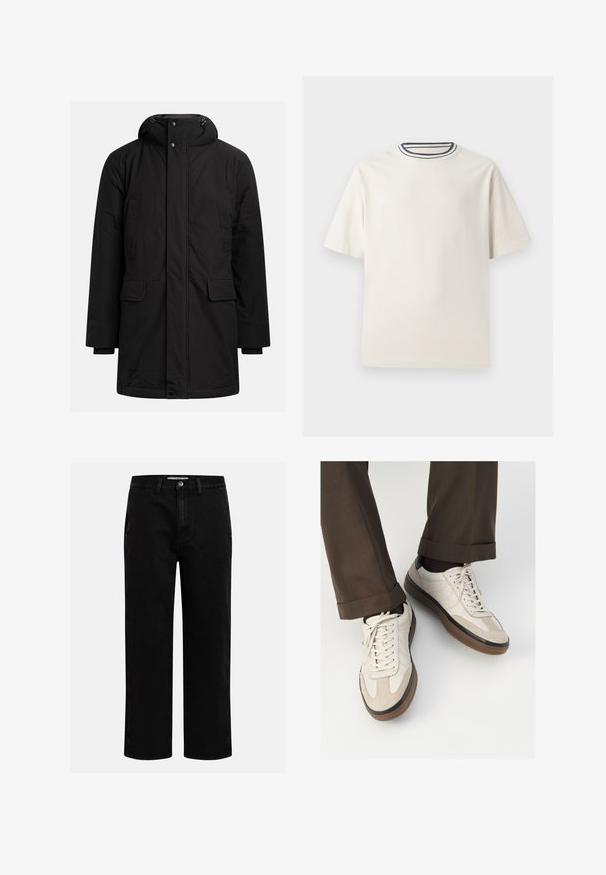 Sort lang vinterparka med hætte, frontlynlås og knaplukning, to brystlommer og to klaplommer ved livet.; Cremefarvet bomulds t-shirt med korte ærmer, der har en rund halsåbning accentueret med marineblå og hvide striber. Glat tekstur, afslappet pasform.; Sorte denimbukser med lige pasform, klassisk fem-lomme design og knaplukning i taljen. Glat tekstur og holdbart stof.; Beige sneakers med en struktureret ruskind front, glatte lædersider og en brun gummisål. Snørebånd og let stikning er inkluderet.