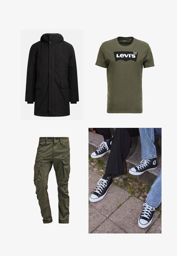 Czarny, długi zimowy parka z kapturem, z przodu na zamek błyskawiczny i zapięciem na guziki, z dwiema kieszeniami na piersi oraz dwiema kieszeniami z klapami na wysokości talii.; T-shirt w oliwkowym kolorze z bawełny z dużym czarnym logo Levi's z przodu. Klasyczny okrągły dekolt i krótkie rękawy, gładka tekstura.; Oliwkowe spodnie cargos wykonane z wytrzymałej bawełny. Posiadają liczne kieszenie, kieszeń boczną na zamek oraz zwężane nogawki z lekko teksturowanym wykończeniem.; Czarne wysokie trampki z kanwy z białymi gumowymi podeszwami i sznurówkami, z okrągłym logo z boku, w zestawie z dżinsami i czarnymi spodniami.