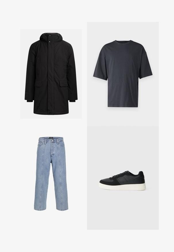 Parka larga negra de invierno con capucha, cierre frontal de cremallera y botón, dos bolsillos en el pecho y dos bolsillos de solapa en la cintura.; Camiseta de manga corta en gris oscuro, hecha de algodón ligero, con un corte holgado y un cuello redondo clásico, con textura lisa y sin patrones.; Vaqueros de mezclilla de color azul claro con un corte suelto, piernas anchas y detalles de costura visibles. Cuenta con un cierre de botón y cremallera, y cinco bolsillos.; Zapatilla negra de corte bajo con paneles de cuero texturizado y gamuza, suela de goma blanca y cordones negros sobre un fondo claro y liso.