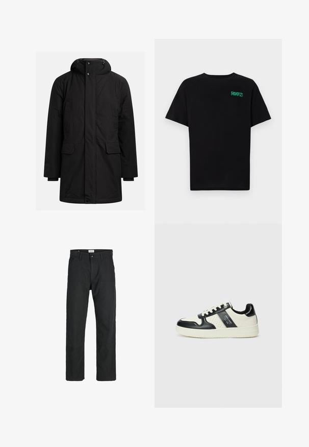 Zwarte lange winterparka met capuchon, frontrits en knoopsluiting, twee borstzakken en twee klepzakken op de taille.; Zwarte T-shirt van katoen met korte mouwen. Heeft een groen "ROOTS" logo op de voorkant, een ronde halslijn en een standaard pasvorm.; Zwarte broeken gemaakt van duurzame stof, met een recht gesneden ontwerp, gestikte accenten en twee voorzakken voor functionaliteit.; Leren sneakers met een zwart en crèmekleurig kleurenschema, voorzien van geperforeerde accenten, een gevoerde kraag en een gestructureerde buitenzool.