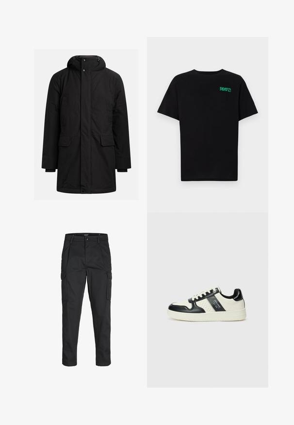 Black long winter parka with hood, front zipper and button closure, two chest pockets, and two flap pockets at waist.; Black t-shirt made of cotton with short sleeves. Features a green "ROOTS" logo on the front, round neckline, and standard fit.; Black cargo pants made of sturdy fabric, featuring multiple pockets, a button closure, and a slim fit design with tapered legs.; Leather sneakers with a black and cream color scheme, featuring perforated accents, a padded collar, and a textured outsole.