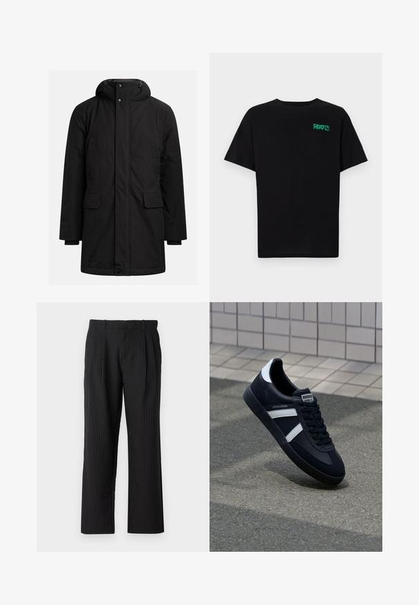 Must matte talvejope kapuutsiga, esifliisi ja nööbiga kinni, kahe rinna tasku ja kahe klapp-taskuga vööl.; Must t-särk, mis on valmistatud puuvillast, lühikeste varrukatega. Esipaneelil on roheline "ROOTS" logo, ümmargune kaelus ja tavapärane lõige.; Jack & Jones JPSTBILL JJDAYTONA WIDE - Püksid - black; Must have musta sneaker musta valgete triipudega, tekstuurne kummitald ja nööridega esiosa. Omab bränditud märki keele peal.