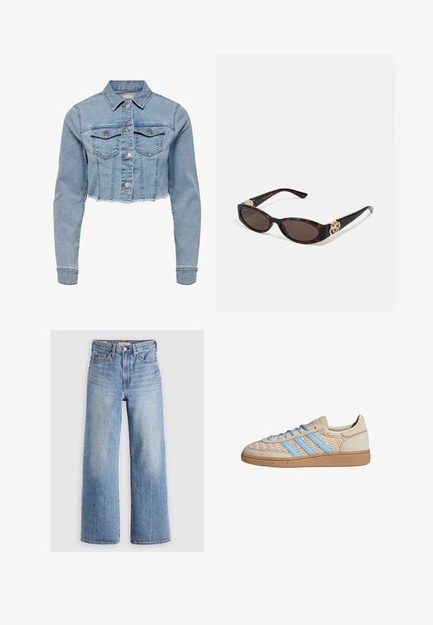 Kuttet denimjakke i lys blå. Har klassisk krage, knappet front, to brystlommer og frynset nederkant. Laget av myk bomull.; Hvit ermeløs topp med justerbare stropper, tettsittende design, glatt tekstur, og rund hals. Ingen mønstre eller detaljer i maskinvare.; Lys blå denim vidbenede jeans med høj talje, falmede områder, fem lommer og kontraststikning. Klassisk knap- og lynlåslukning.; Beige sneakers med teksturert strikket overdel, lyseblå striper og brun gummisåle. Har runde snører og logo detalj på siden.; Skilpadde-solbriller med avlange ovale linser, brun tint, gull-logo aksenter på stengene og elegante svarte armer.; Orogulvetter i metall med en vridd design som har en glatt, skinnende overflate og runde former. Hver måler omtrent 5 centimeter.