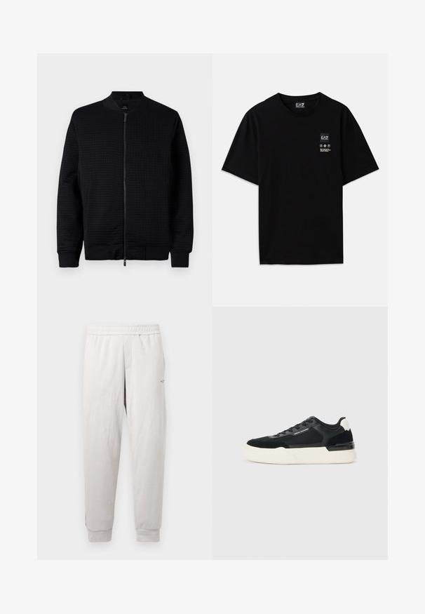 Svart bomberjacka med ett texturerat rutmönster, dragkedja fram, ribbade manschetter och nederkant. Tillverkad av mjukt material och har sidofickor.; Svart bomullströja med korta ärmar, rund halsringning och en liten logotags på framsidan med vårdsymboler i vitt.; Ljusgrått svettande med elastisk midja, sidofickor, ribbade muddar och diskret logotyp på benet, tillverkat av mjukt tyg.; Svarta sneakers gjorda av mesh och läder, med en tjock vit sula och kontrasterande detaljer. Snörning och logotypdetalj på sidan.