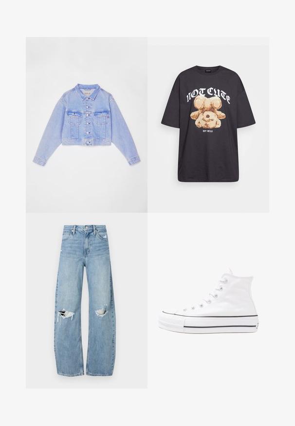 Giacca di jeans cropped di colore blu chiaro con chiusura a bottoni, due tasche sul petto e cuciture a contrasto, dotata di colletto classico e maniche lunghe.; T-shirt nera oversize con una grafica di un orso e la scritta "NON CARINA MA SELVAGGIA" in grassetto, lettere bianche. Materiale in cotone.; Jeans azzurri chiari a vita alta realizzati in denim. Presentano gambe larghe, due aree strappate sulle ginocchia e il classico styling a cinque tasche.; Sneaker alta in tela bianca con suola in gomma nera, punta in gomma frontale e sei asole per i lacci, caratterizzata da un design pulito e minimalista.