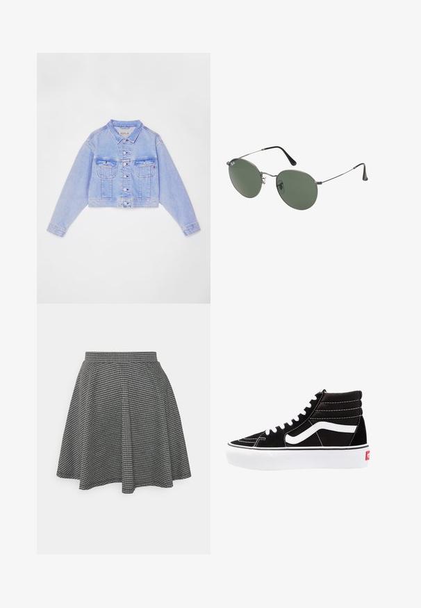 Lys blå avkortet denimjakke med knappelukking, to brystlommer og kontraststing, med klassisk krage og lange ermer.; To skjortetopper uten ermer i svart og hvitt, laget av ribbestrikket bomull, med rund hals og en tettsittende design. Merker synlige på begge.; Sorte og hvite rutete skater skjørt med en tettsittende midjebånd og flagrende hem, laget av teksturert stoff som viser et klassisk mønster.; Svarte høyhælte joggesko med hvite snøringer, en hvit logo og kontrasterende hvit søm. Har en tykk hvit såle og teksturert semsket skinn på overflaten.; Metallinnrammede solbriller med ovale grønne linser. Tynn sølvfarget metallramme og svarte øreplugger. Minimalistisk design, ingen synlige logoer.