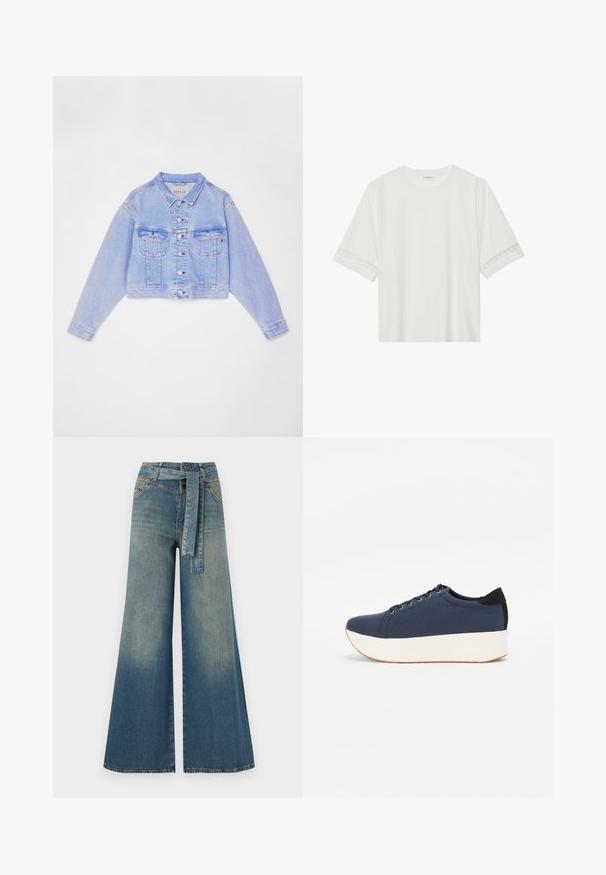 Világoskék, rövid fazonú farmerdzseki gombos záródással, két mellzsebbel és kontrasztos varrással, klasszikus gallérral és hosszú ujjakkal.; Fehér, rövid ujjas póló, pamutból készült, díszes csipkés szegéllyel az ujjak mentén és kerek nyakkivágással.; Bőszárú farmernadrág, világos és sötétkék árnyalatokkal, magas derekú, övgyűrűkkel és a nadrággal megegyező anyagú övvel. Textúrált farmer kivitel.; Sötétkék sportcipő, texturált szövet felsőrész, fehér platform talp, lekerekített orr és fekete sarok akcentussal. Hat fűzőlyuk található rajta.