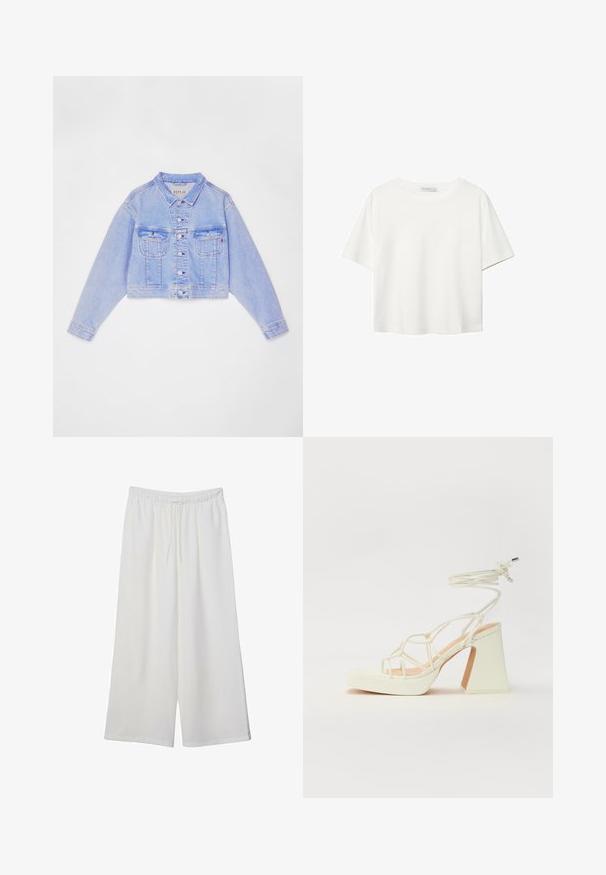 Svetlo modra skrajšana jeans jakna z gumbnim zapiranjem, dvema žeparjema na prsih in kontrastnim šivom, z značilnim ovratnikom in dolgimi rokavi.; Bela kratka majica s kratkimi rokavi iz bombaža. Ima okroglo izrezovanje in sproščen kroj. Gladka tekstura brez vidnih vzorcev ali poudarkov.; Bele široke hlače iz lahkega materiala, ki imajo elastičen pas in vrvico za prilagajanje. Gladka tekstura.; Bela sandala na visokih petah s debelim petam, ki ima obliko trakcev in vezanje okoli gležnja. Gladka tekstura z platformo spredaj za dodatno višino.