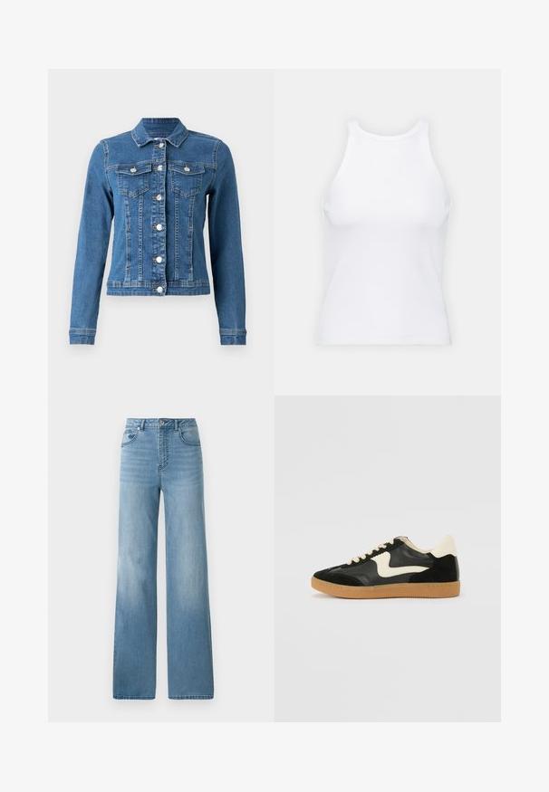 Džínová bunda se světle modrou barvou, zapínáním na knoflíky, dvěma hrudními kapsami a dlouhými rukávy s vypasovanými manžetami. V některých oblastech má opotřebovaný vzhled.; Bílý bezrukávový top vyrobený z ribbed látky, s kulatým výstřihem a přiléhavým střihem, s minimem švů a bez ozdob.; Světlé modré džíny s vysokým pasem a rovnými nohavicemi. Vyrobené z denimu, s pěti kapsami a zapínáním na knoflíky.; Černé semišové a kožené tenisky s krémovým postranním swooshem a světlým krémovým podpatkem. Mají béžové tkaničky a podešev z gumové pryže.
