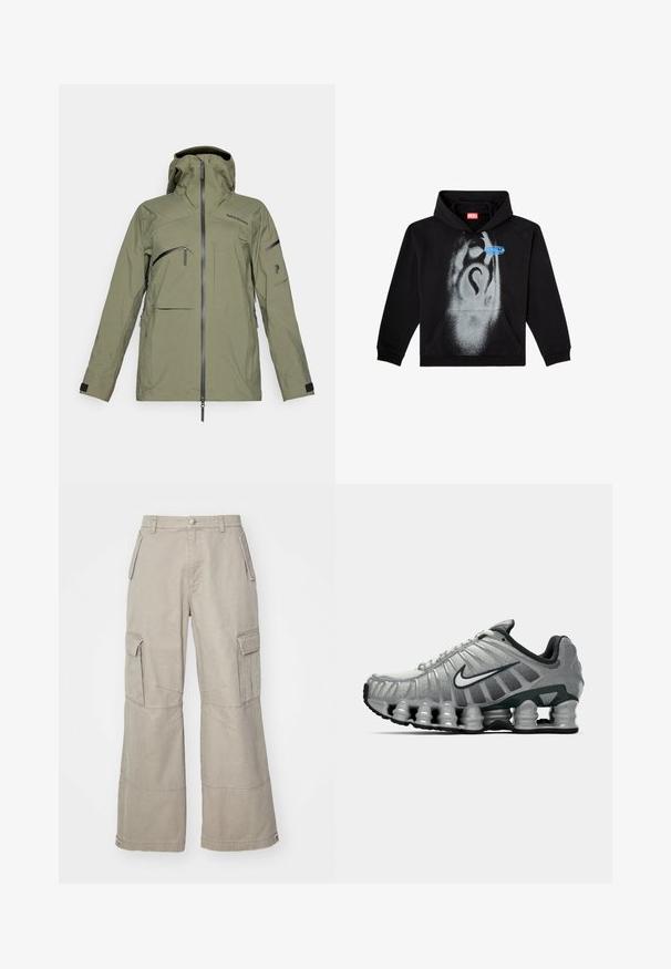Olivovo zelená nepremokavá bunda s kapucňou, viacerými zipsovými vreckami, nastaviteľnými manžetami a hladkou textúrou. Vyznačuje sa minimalističným dizajnom.; Čierna mikina s kapucňou vyrobená z bavlny. Disponuje prednou kapsou, kapucňou so šnúrkami a šedým dizajnom nastriekaným sprejom s modrým akcentom.; Khaki cargo nohavice vyrobené z bavlnenej zmesi, s širokými nohavicami, viacerými bočnými vreckami a jemnými švovými detailmi.; Sivé a čierne bežecké topánky Nike s viditeľným odpružením podobným pružine pod podrážkou a bielym logom swoosh na boku.